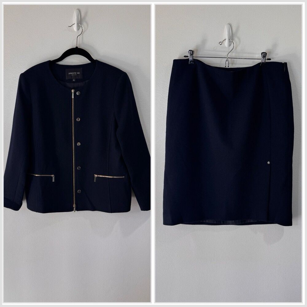 Lafayette 148 New York Skirt Suit L / 12 100% Wool Blazer Navy Blue Gold Zipper